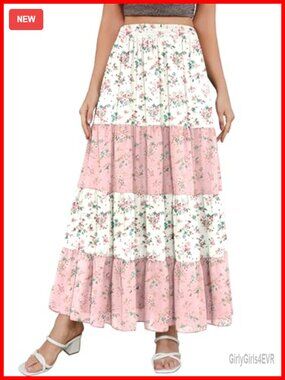 CYiNu Women's Floral Maxi Skirt Chiffon Patchwork Boho Long A-Line Pleated